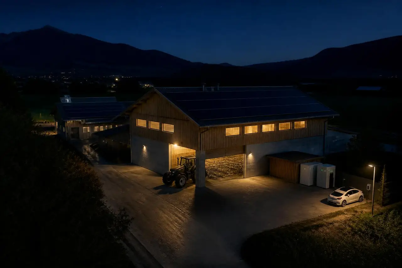 Landwirtschaftlicher Betrieb mit Photovoltaikanlage bei Nacht